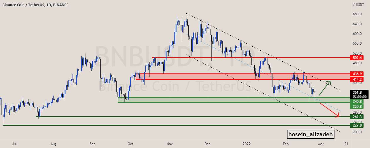 bnbusdt(binance coin)T.Fdaily (2/25/22)کانال خرس