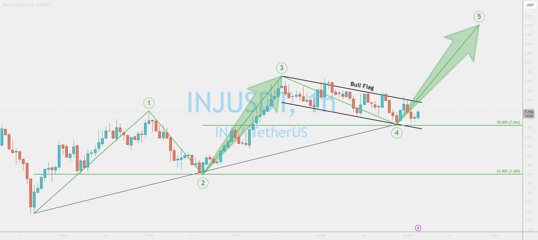 INJUSDT الیوت Wave و Bull Flag Perspective